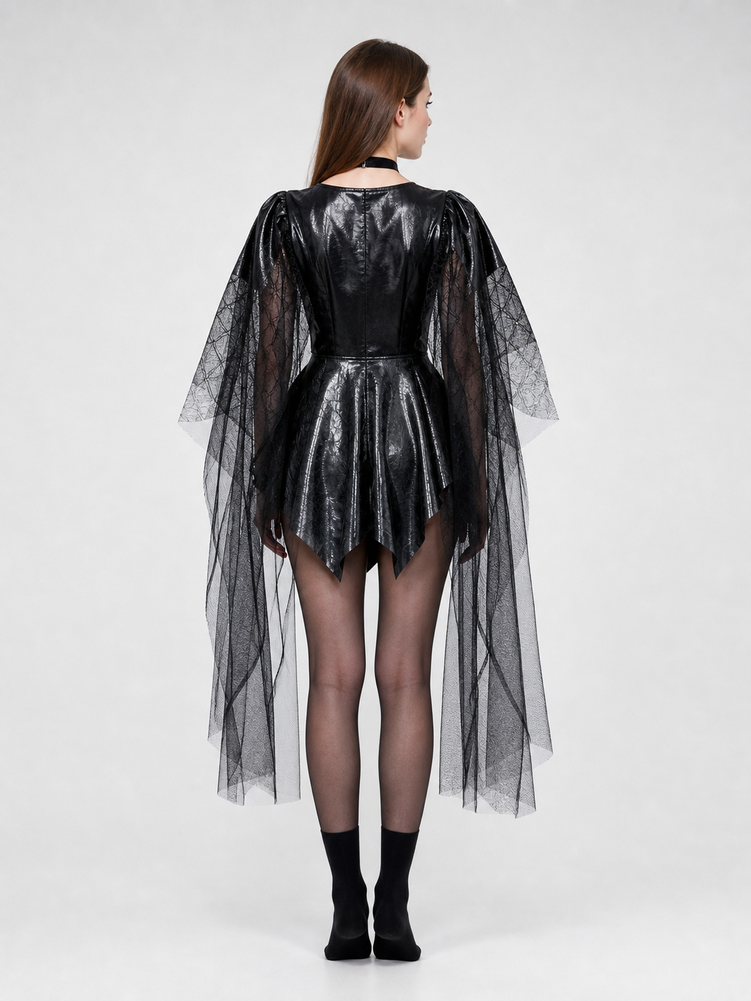 Black vampire costume with cape and mask for a party back view