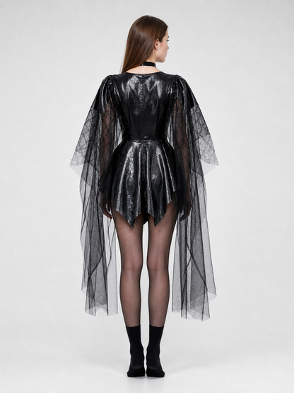 Black vampire costume with cape and mask for a party back view