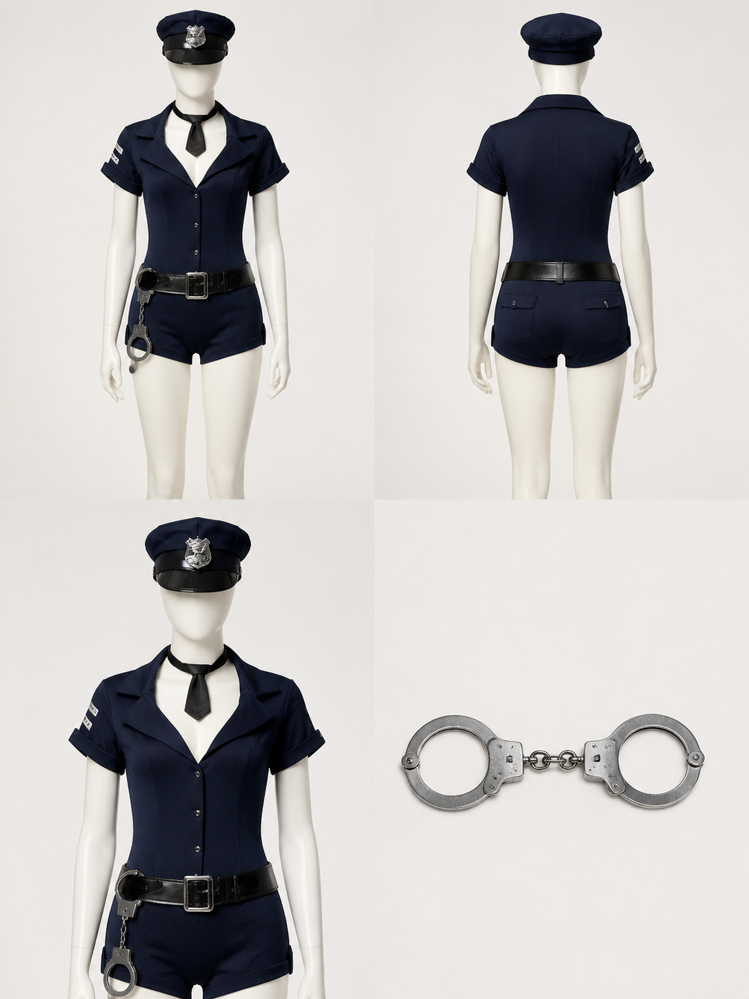 Women's Navy Blue Police Officer Bodysuit Halloween Costume Set with Hat, Tie back view
