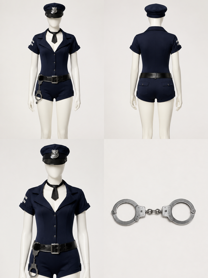 Women's Navy Blue Police Officer Bodysuit Halloween Costume Set with Hat, Tie back view