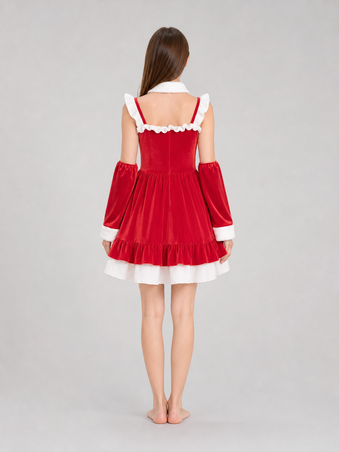 Christmas-Themed Dress with Bow and Ruffles