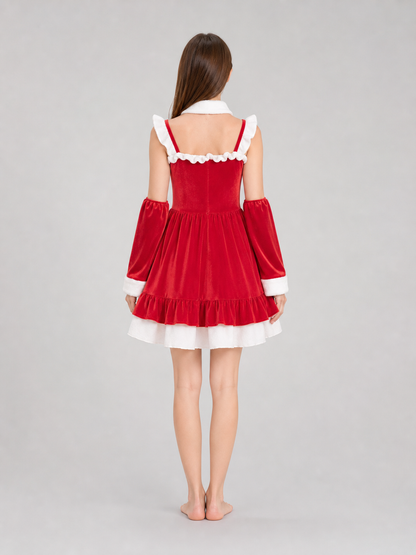 Christmas-Themed Dress with Bow and Ruffles