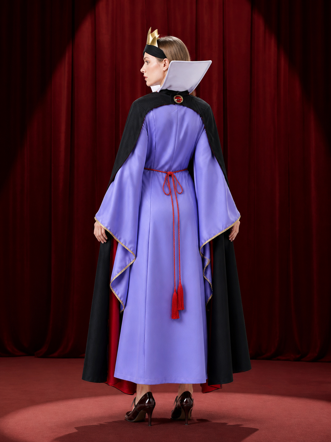 Snow Queen Halloween Costume Set - Purple Long Dress with Black Cape, Gold back view