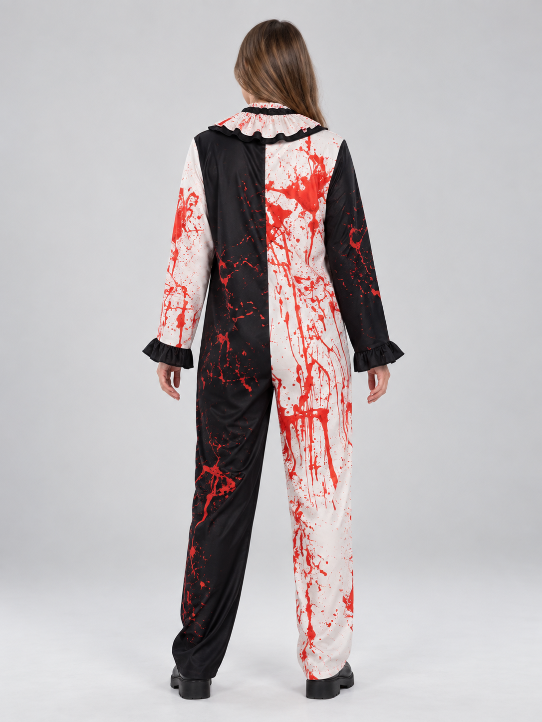 Black and white clown costume with a jabot and imitation blood