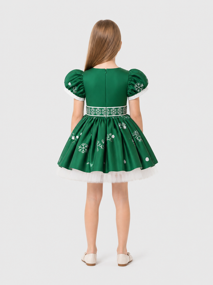 Children’s New Year’s dress with snowflakes and a full skirt back view