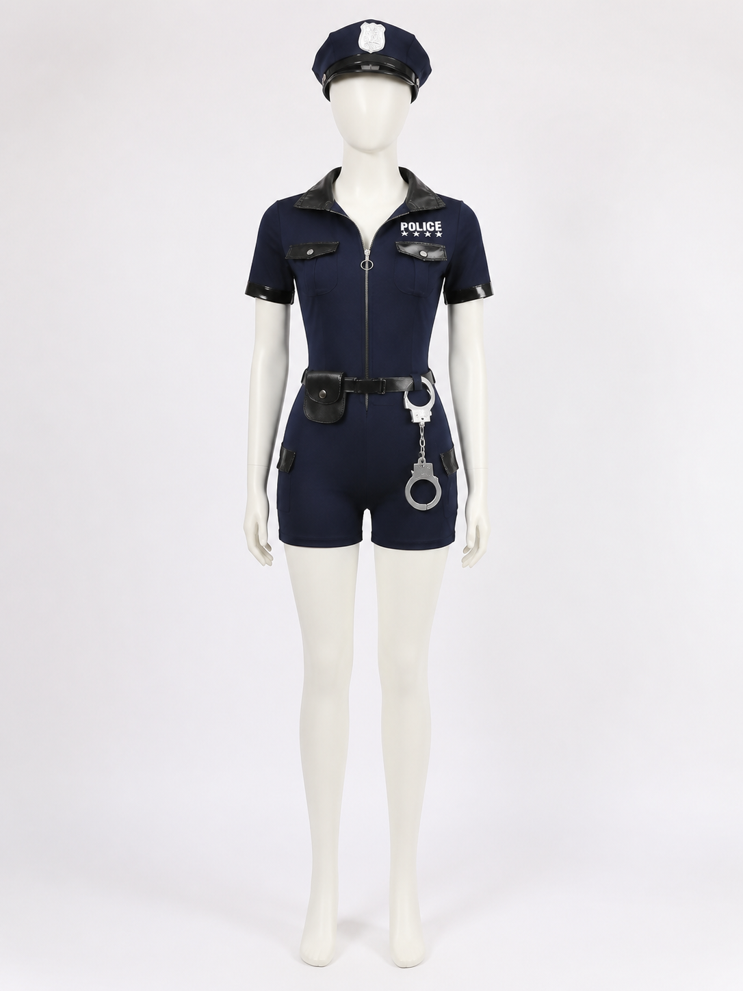 Women's Navy Police Costume Jumpsuit Set with Hat, Belt, Pouch and Handcuffs back view