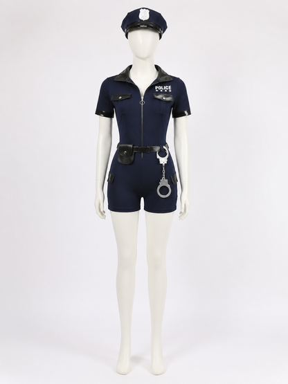 Women's Navy Police Costume Jumpsuit Set with Hat, Belt, Pouch and Handcuffs back view