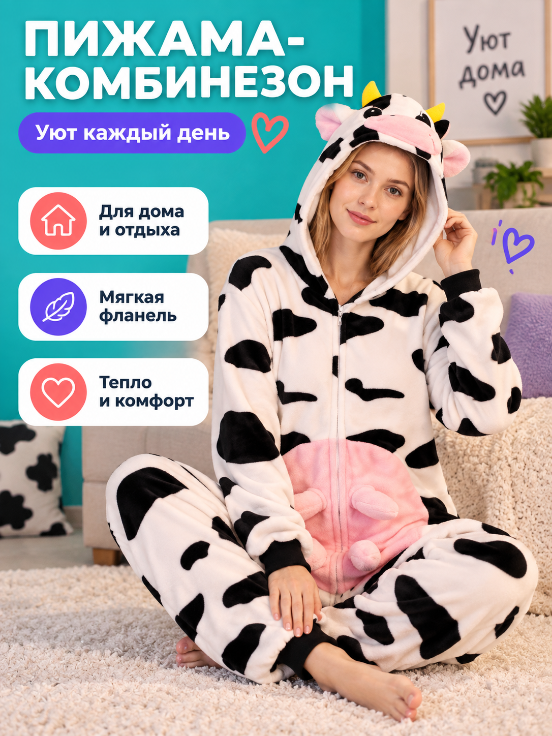Cow Print Hooded Pajama Jumpsuit back view