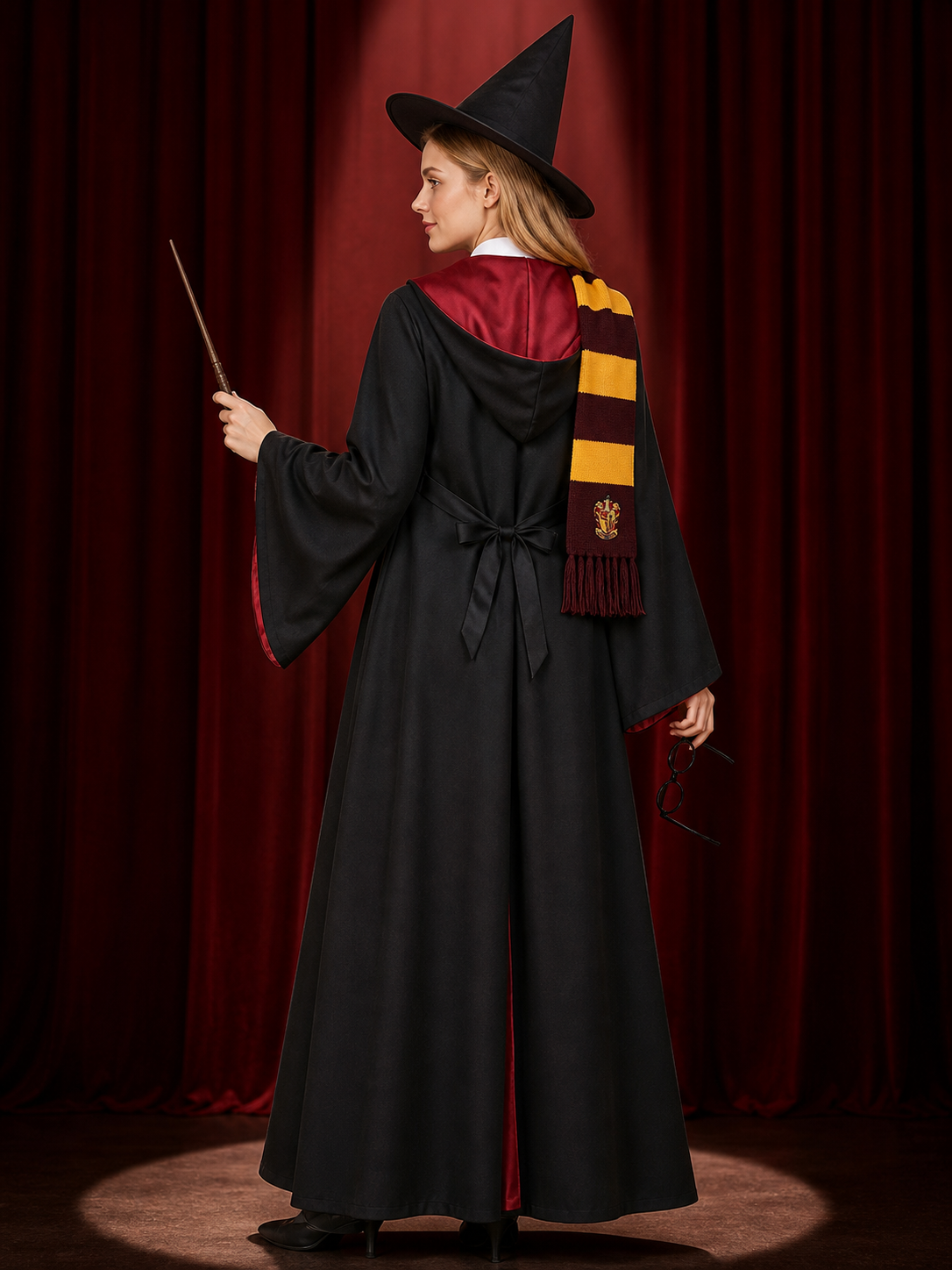 Wizard Costume Set With Hooded Robe, Shirt, Skirt, Hat, Glasses, Tie, Scarf And back view