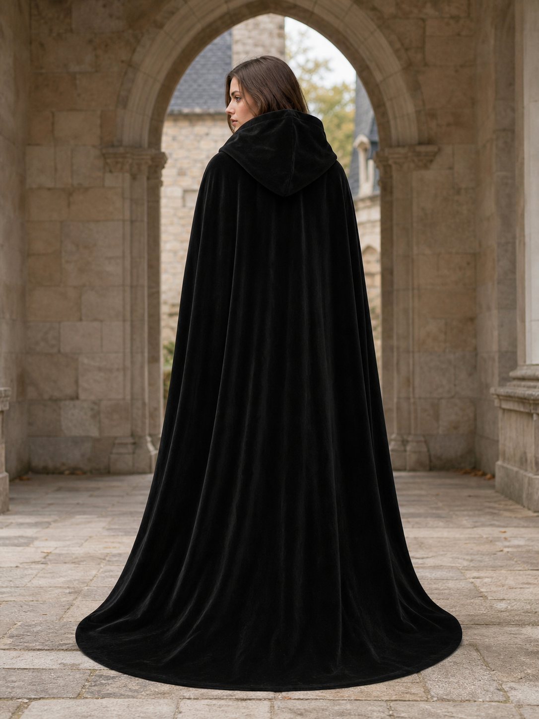Black Hooded Cloak with Front Tie, Open Front, Floor-Length Trailing Cape for Adults