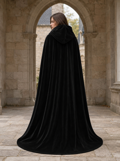 Black Hooded Cloak with Front Tie, Open Front, Floor-Length Trailing Cape for Adults