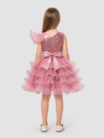Princess Dress with Sequins, Bow, and Full Skirt back view