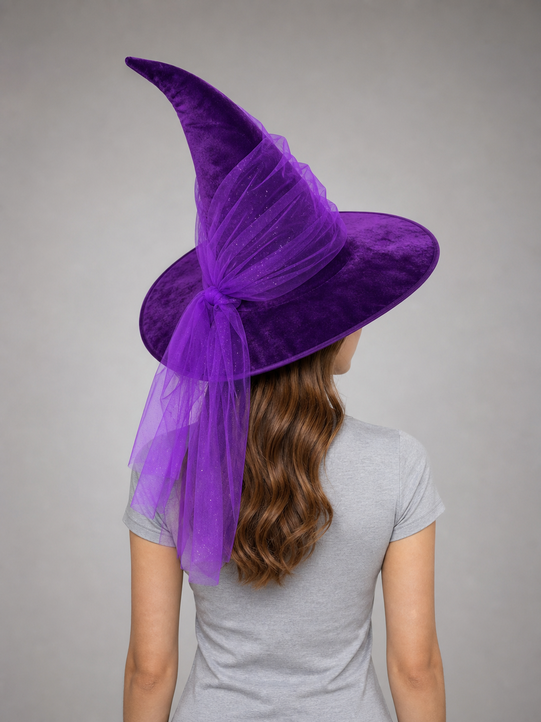 1pc Purple Halloween Witch Hat Wide Brim Crooked Pointed Crown With Sheer Mesh Veil Glitter Detail Costume Accessory