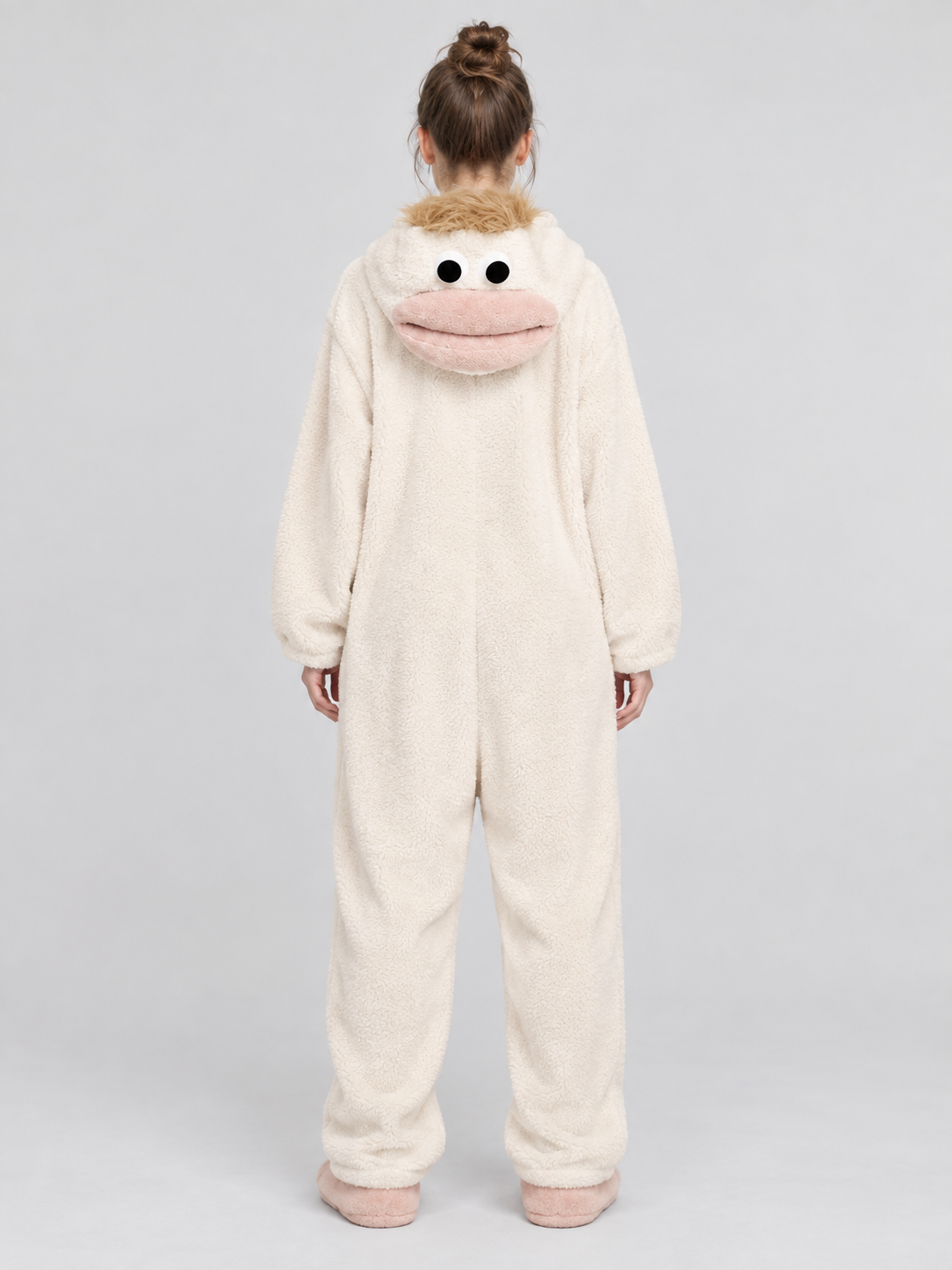 Pajama jumpsuit with a bulky hood and a cartoon face
