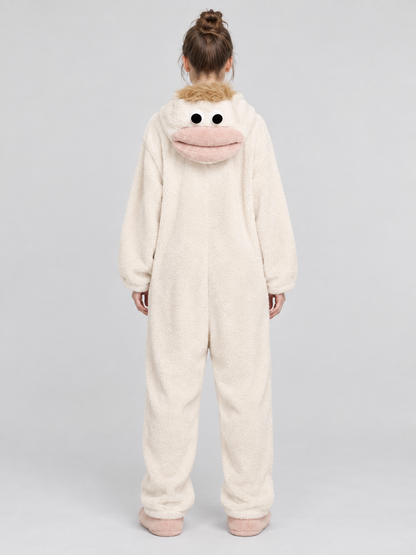 Pajama jumpsuit with a bulky hood and a cartoon face