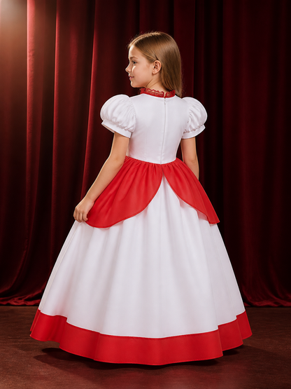 Girls Princess Costume Dress, White and Red Puff Sleeve Dress with Lace Collar back view