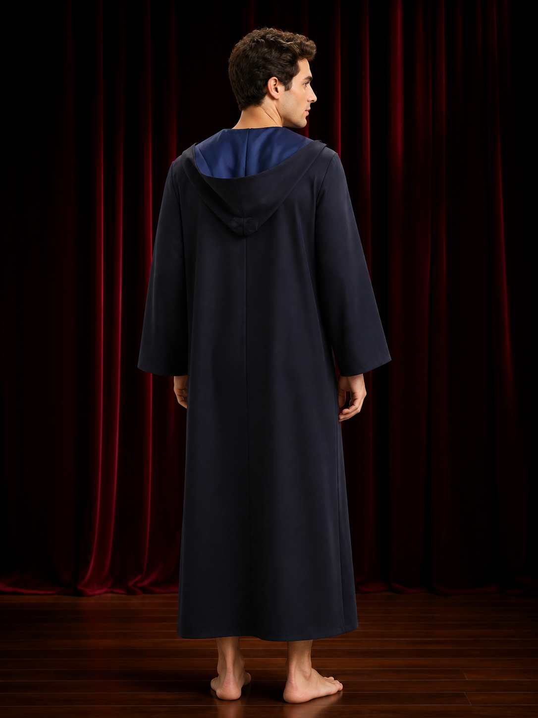 Wizard Academy Long-Sleeve Robe Costume, Dark Blue And Black Halloween Outfit back view