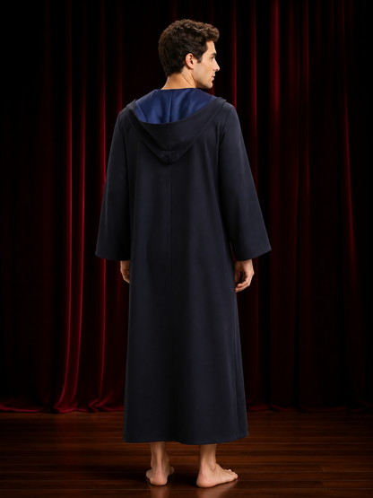 Wizard Academy Long-Sleeve Robe Costume, Dark Blue And Black Halloween Outfit back view