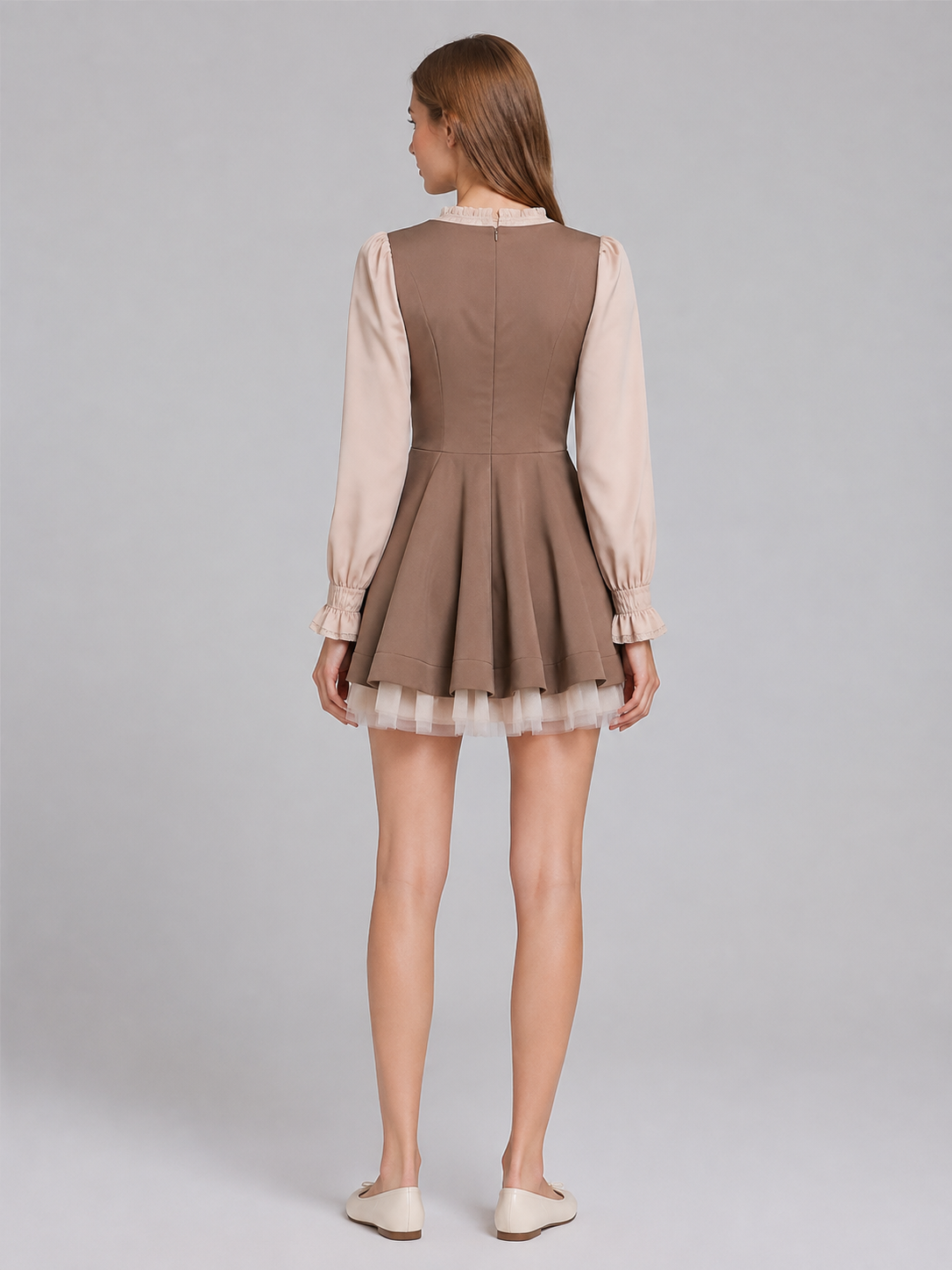 Mocha Dress with a Ruffled Collar and Full Skirt back view
