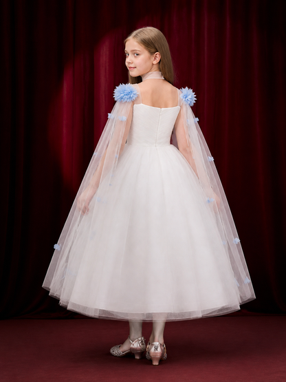 Girls' White and Light Blue Princess Dress, Long Tulle Performance Gown back view