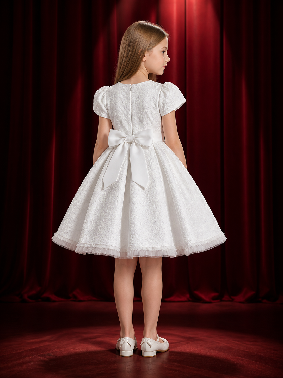 Girls' White Princess Dress, Short Sleeve Floral Embossed Full Skirt Dress back view