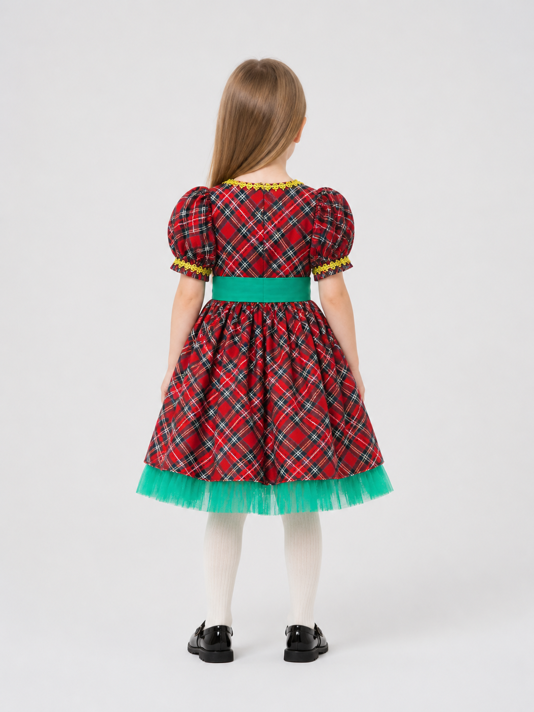 Christmas Plaid Dress with Full Skirt back view