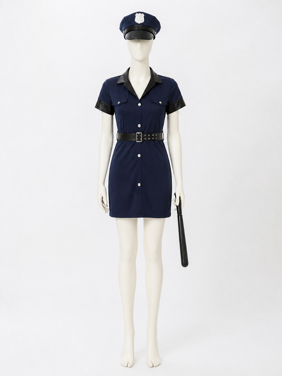 Women's Dark Blue Police Costume Dress Set With Hat, Belt and Baton back view