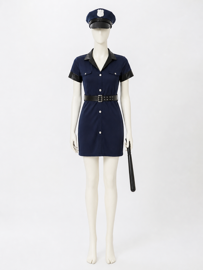 Women's Dark Blue Police Costume Dress Set With Hat, Belt and Baton back view