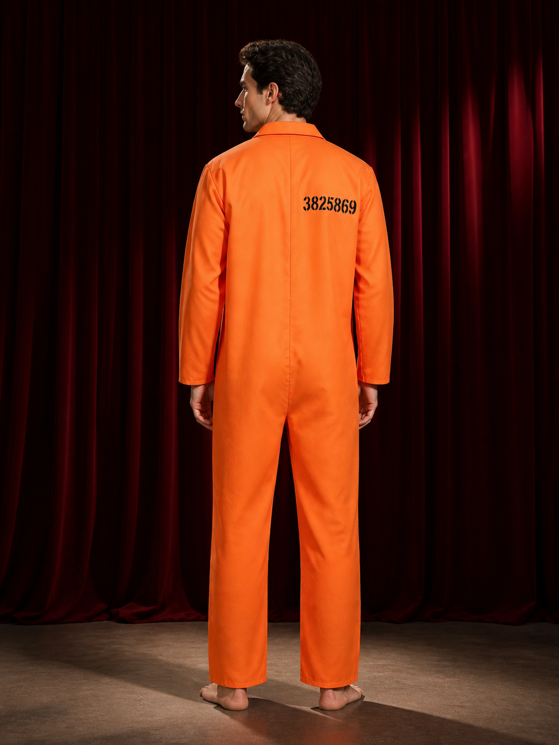 Orange Prison Jumpsuit Costume for Halloween with Zip-Front and Number Print back view