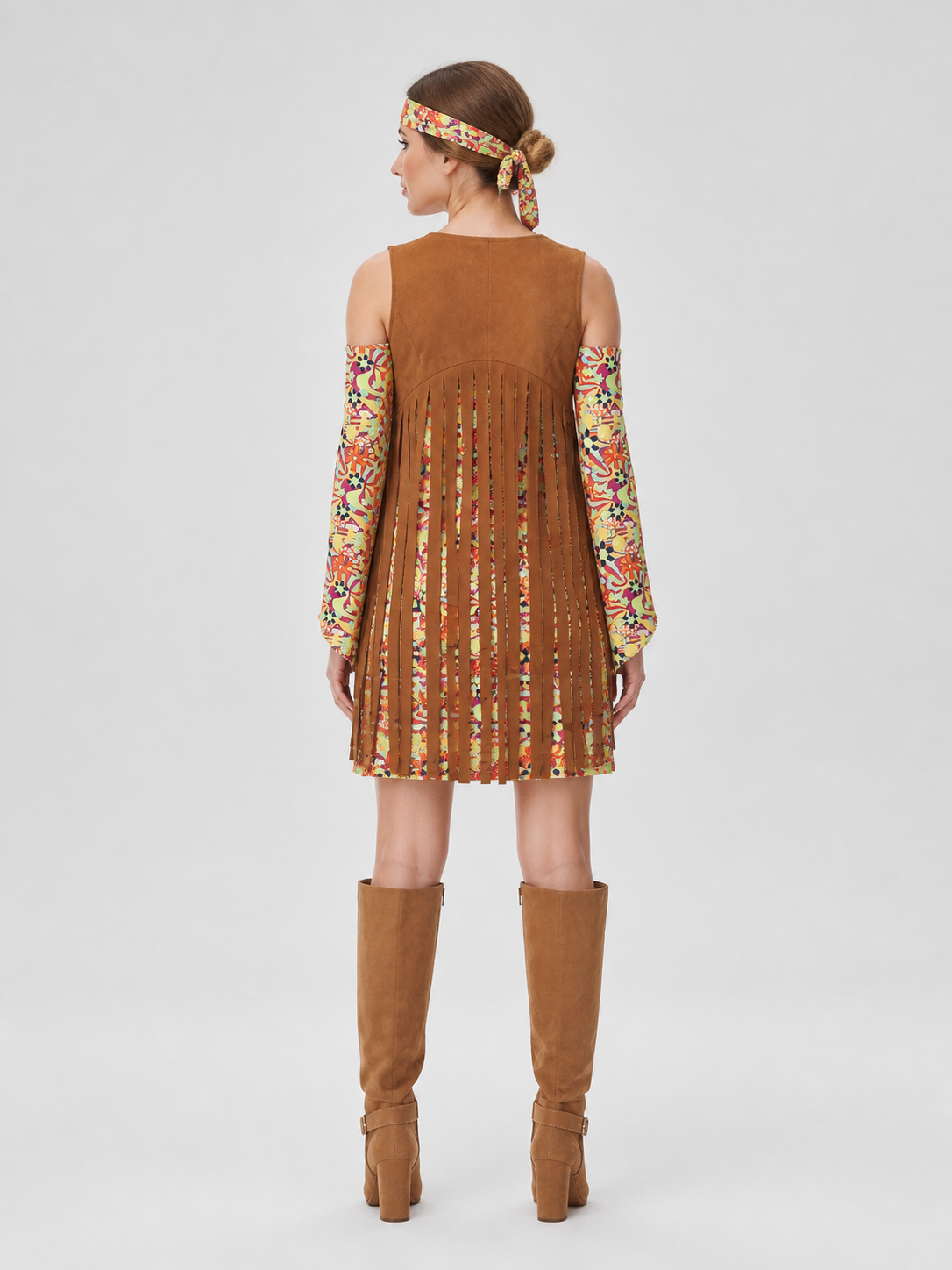 Retro Hippie Fringe Floral Print Dress back view