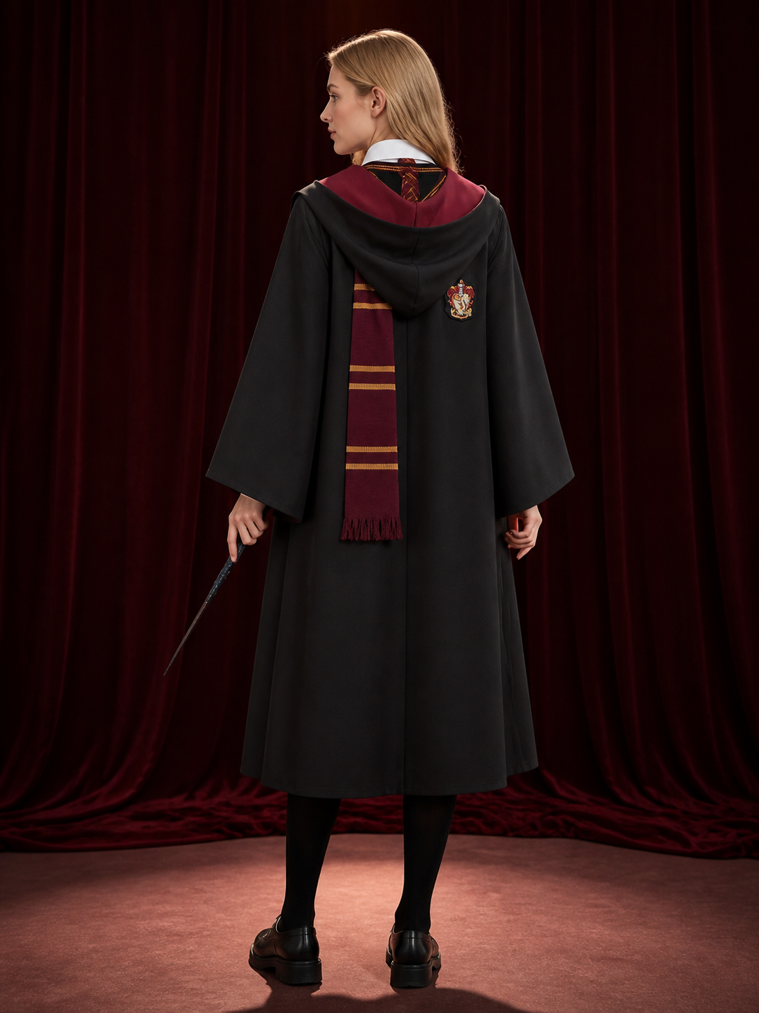 Children's Academic Wizard Robe Costume Set With Striped Tie, Scarf & Wand back view