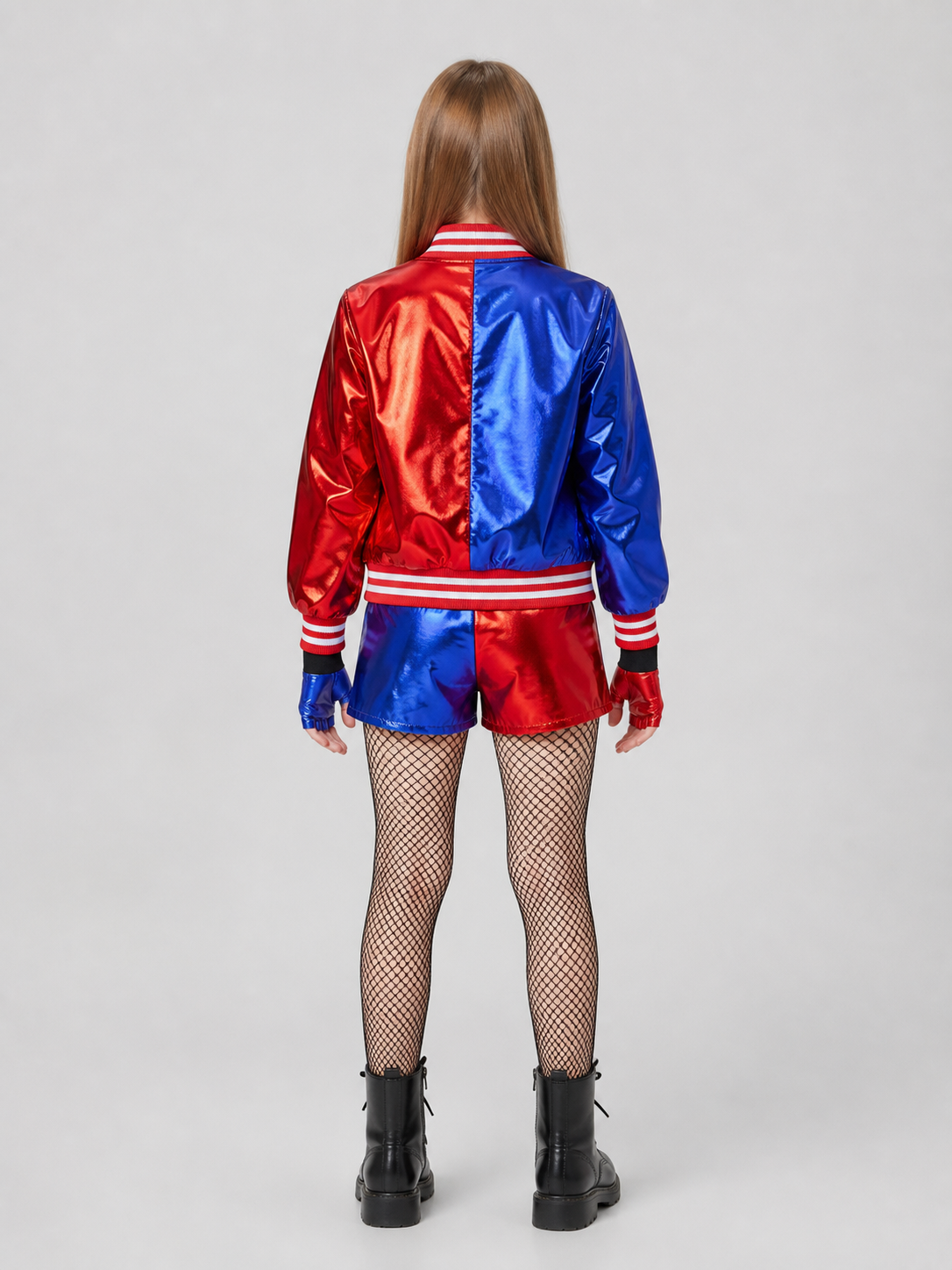 Harley Quinn Costume: Jacket, Shorts, Gloves, and Tights back view