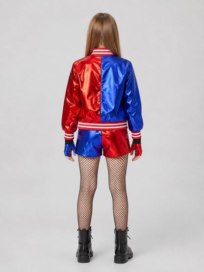 Harley Quinn Costume: Jacket, Shorts, Gloves, and Tights back view