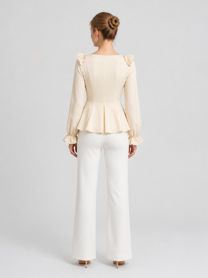 Cream Ruffled Lace-Up Renaissance Blouse back view