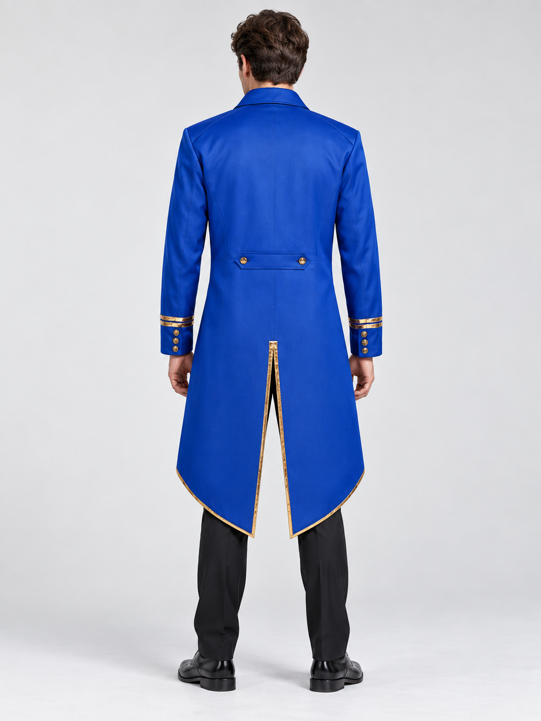 Long blue tailcoat with gold trim and buttons
