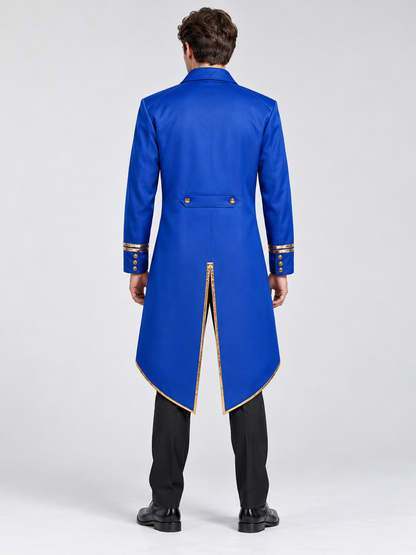 Long blue tailcoat with gold trim and buttons