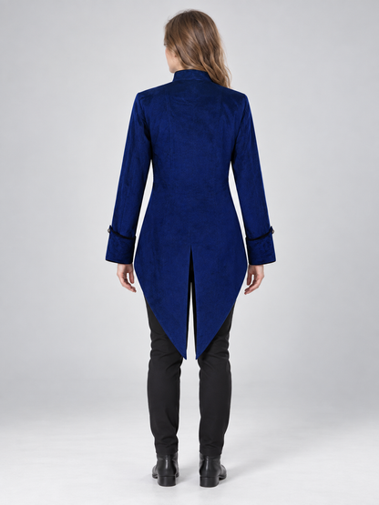 Blue long tailcoat with a stand collar and buttons