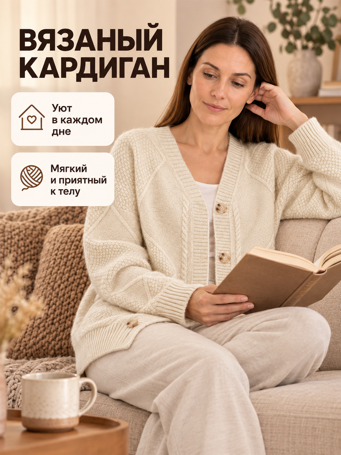 Cream-Beige Cable-Knit Cardigan with Pockets