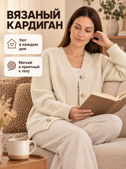Cream-Beige Cable-Knit Cardigan with Pockets
