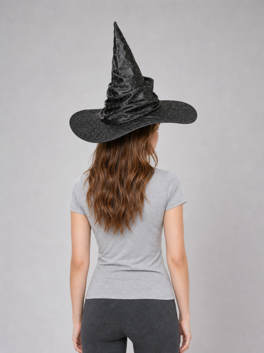 Black Halloween Witch Hat Pointed Wide Brim Ruched Crown With Silver-White Dot Embellishments Costume Accessory