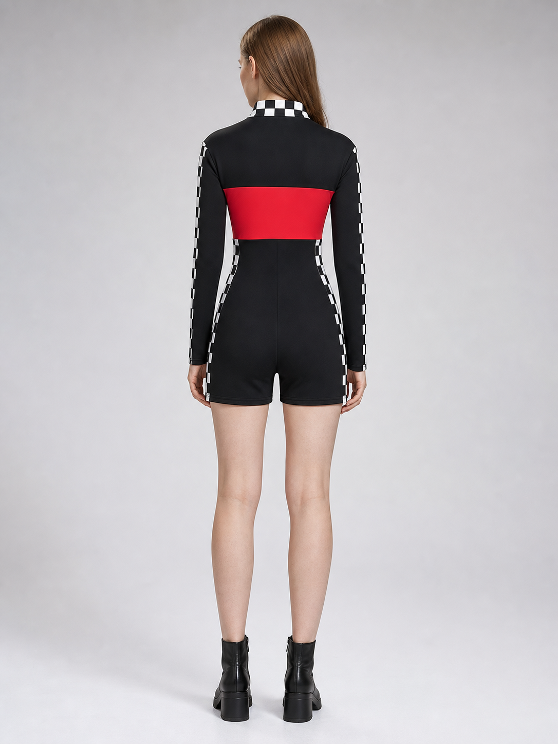 Jumpsuit with a checkerboard print and red panel