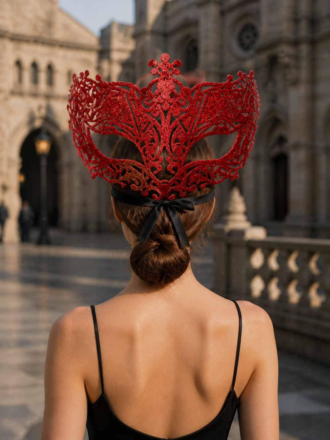 Red glitter filigree masquerade mask with black ribbon product view 24