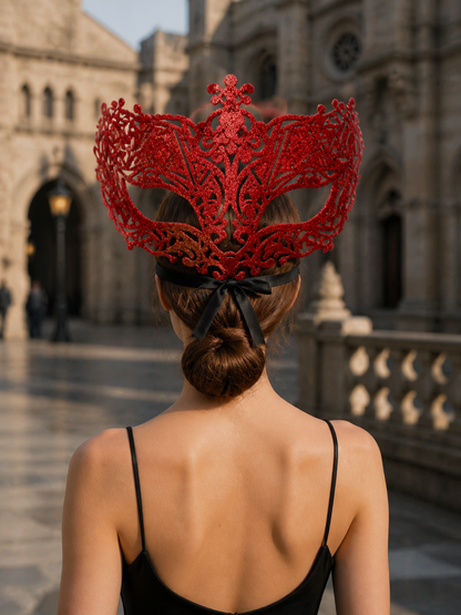 Red glitter filigree masquerade mask with black ribbon product view 24