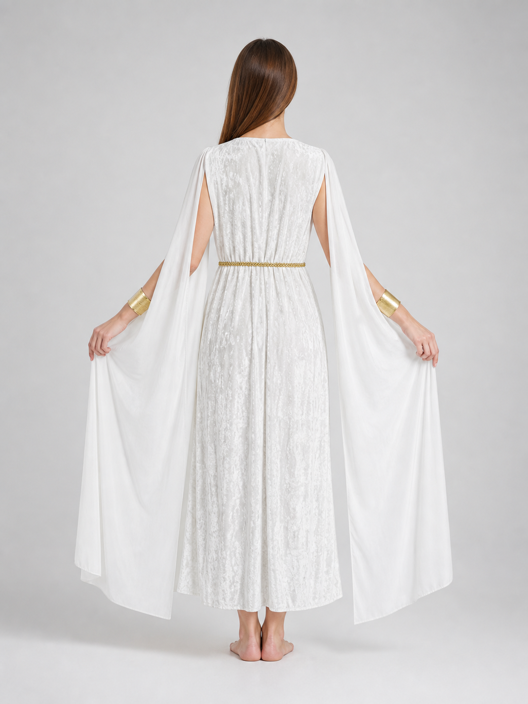 Women’s Greek Goddess Costume Dress, 4-Piece White Draped Outfit with Cape Panels, Leaf Crown Headband and Gold Wrist Cuffs for Cosplay Parties