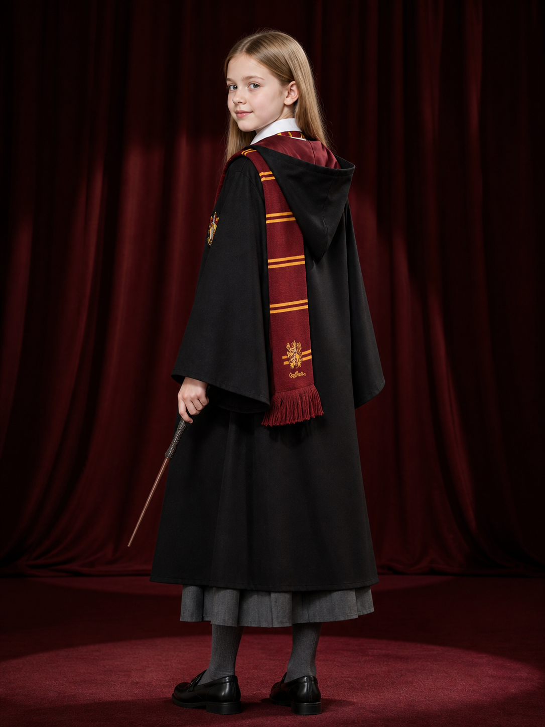 Hooded Wizard Robe Costume Set with Tie, Scarf, Shirt, Vest, Skirt and Wand back view