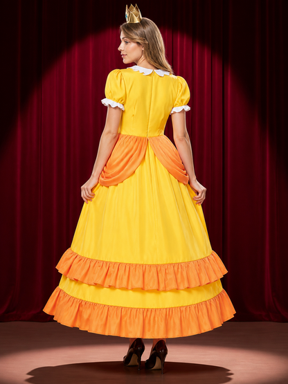 Yellow Princess A-Line Cosplay Costume Dress, Puff Sleeves, Orange Ruffles back view