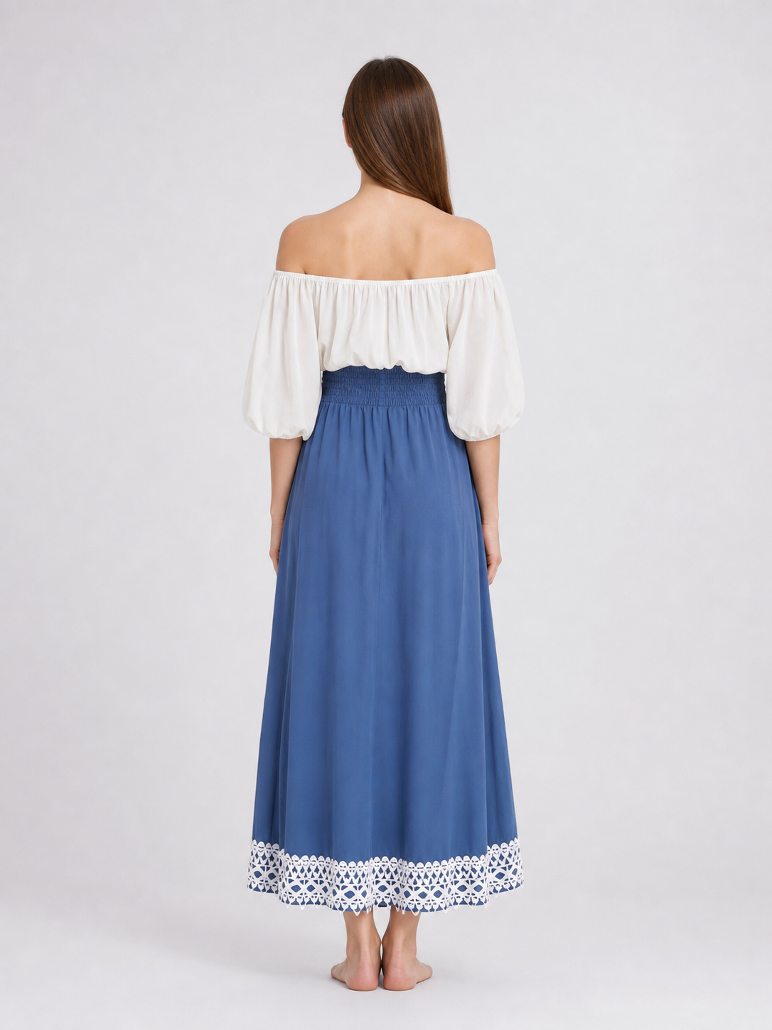 Long blue A-line maxi skirt with lace