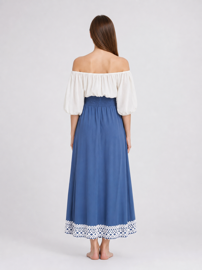 Long blue A-line maxi skirt with lace