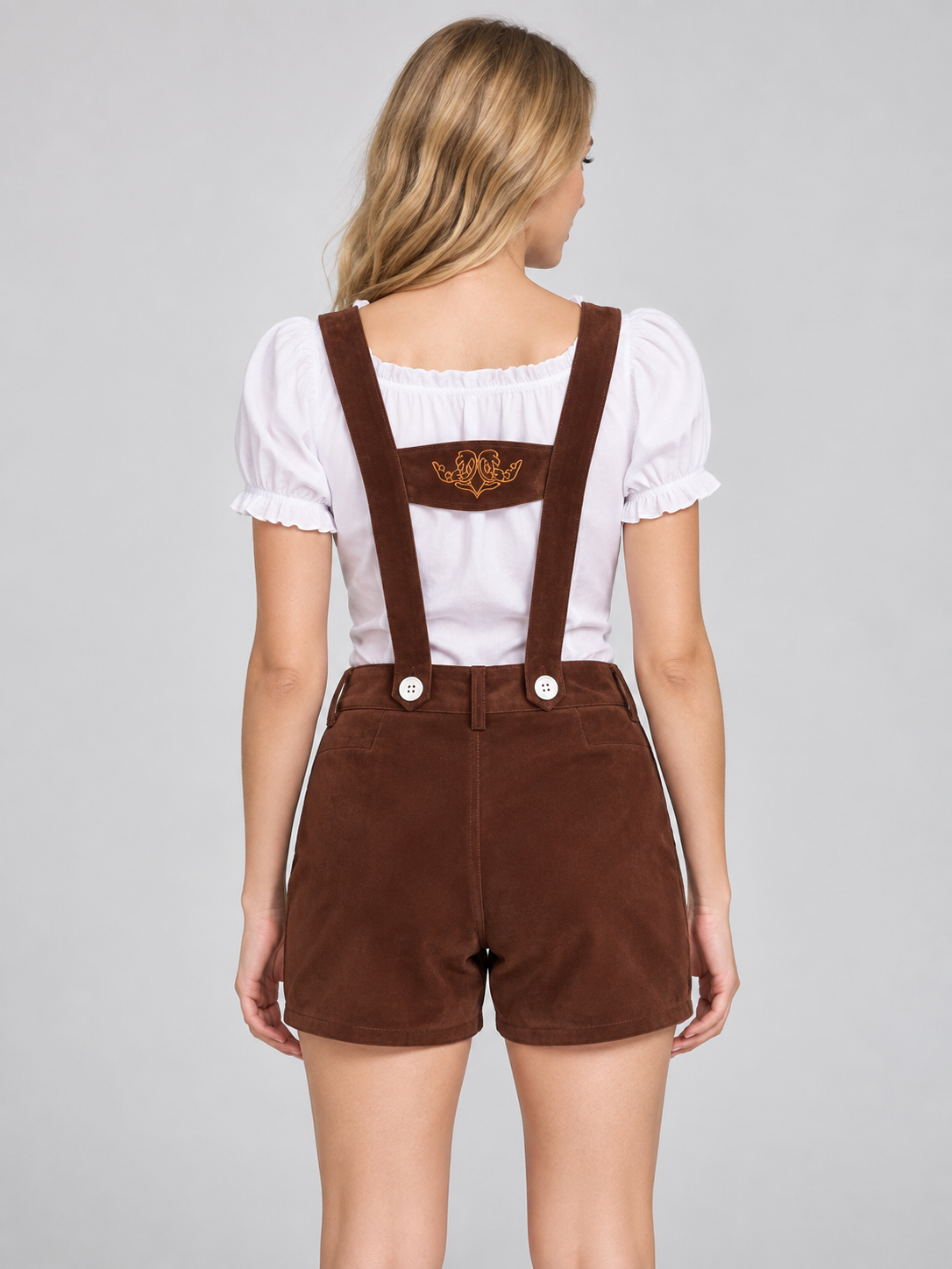 Brown Bavarian-Style Shorts with Suspenders and Embroidery