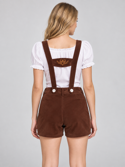Brown Bavarian-Style Shorts with Suspenders and Embroidery